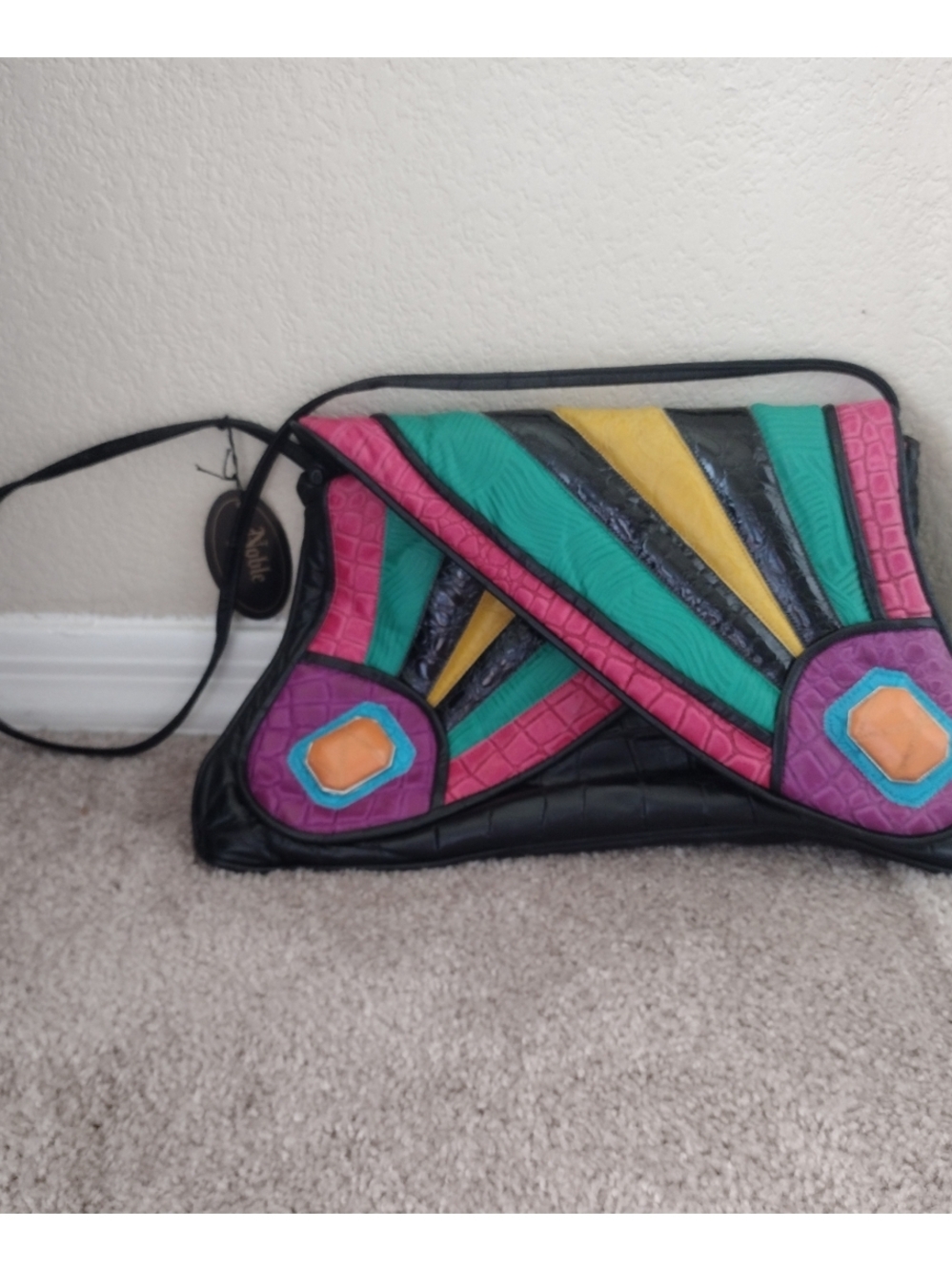 1980s Noble Handbags Inc Colorful Geometric Leather Crossbody Bag - Multicolor - Picture 3 of 13